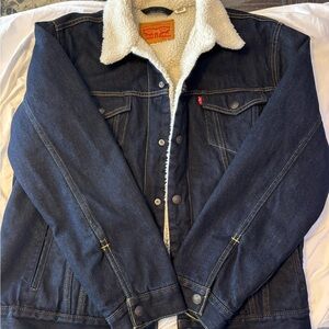 Levi's Dark Blue Denim Jacket with White Sherpa Collar